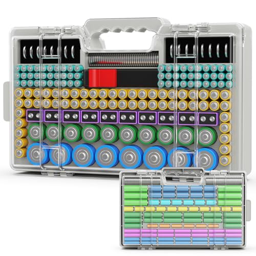 Narotood Battery Organizer Storage Holder Box Case with Tester, Ultra-Large 280+ Batteries Double-Sided Variety Pack,Holds AA AAA 4A C D Cell 9V 3V Lithium18650 LR44 CR2 CR123 CR1632 - Gray