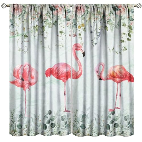 GoDazzling Pink Flamingo Blackout Curtains, Rose Flower Green Leaf Tropical