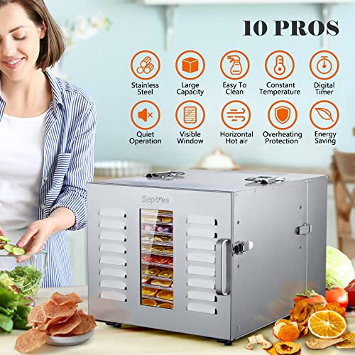 Septree Food Dehydrator For Jerky, Meat, Fruit, Beef, Herbs, And Pet Food, 10 Trays Stainless Steel Commercial Dryer Machine, 1000W, Adjustable Timer, Digital Temperature Control, Over Heat Protection, Silver #TOP1