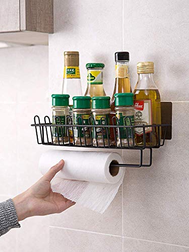 Image of TORMUND Kitchen Storage Rack Self Adhesive Wall Hanging Shelves for Bathroom and Kitchen with Towel and Tissue Rack Stand Spice Rack Knife Block Spoon Holder Oil Container Black