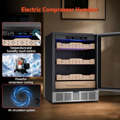 Image of 24 Inch Electric Humidor, Stainless Steel Humidor Cabinet with Large Capacity, Double-Layer Tempered Glass Door, Digital Temp & Humidity Control, Blue LED Light & Lock