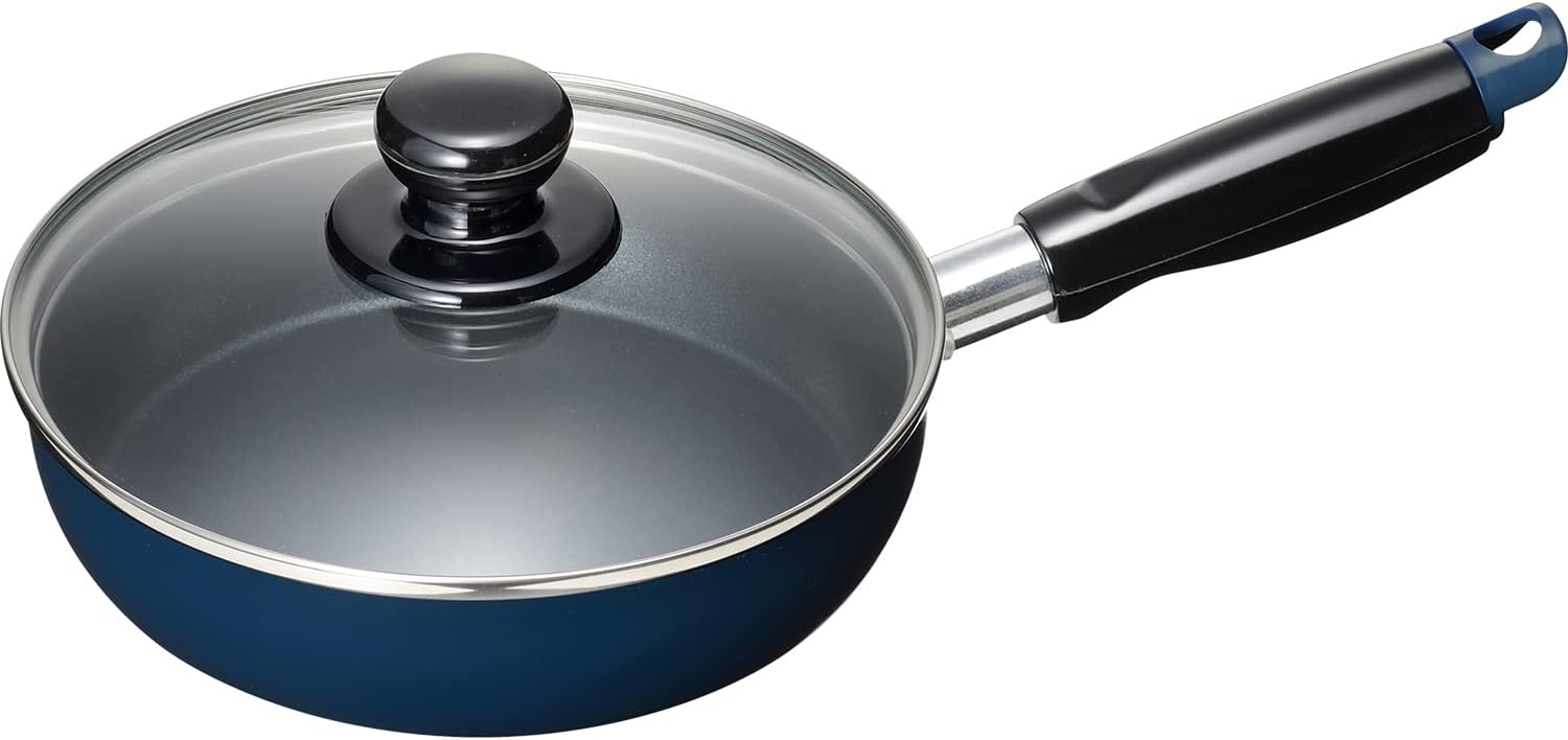 Wahei Freiz MB-2373 Easy Care Frying Pan, 7.1 inches (18 cm), Blue, Fluororesin Treated, Induction and Gas Compatible, Glass Lid Included