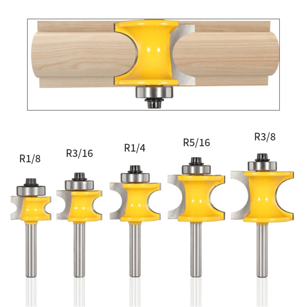 1-5 szt. 6mm 6.35mm 8mm 12mm 12.7mm Shank Bullnose półokrągły zestaw bitów z łożyskiem, frez do obróbki drewna do frezu czołowego do drewna(5pcs 6.35mm shank)