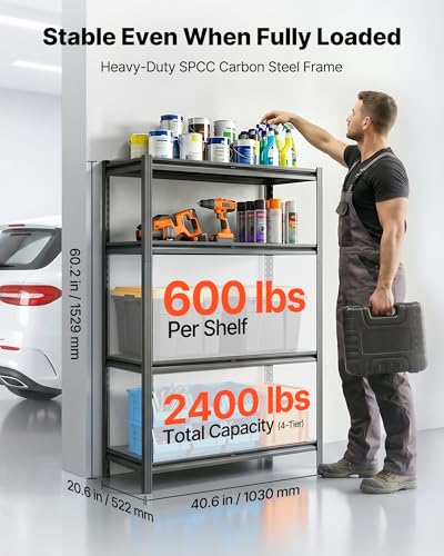 Image of VEVOR Storage Shelves, 4-Tier Adjustable, 2400 lbs Capacity, Heavy Duty Garage Storage Shelving Unit, Metal Utility Rack Shelf, for Garage Workshop Warehouse Basement, 40.55 inch W x 20.55 inch D x 60.2 inch H