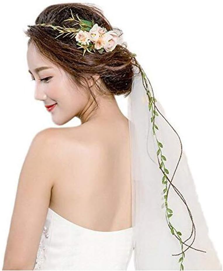 EraloveBride Flower Wreath Headband Girls Flower Crown Veil Women Floral Garland Boho for Festival Wedding with Veil, Light Pink, free
