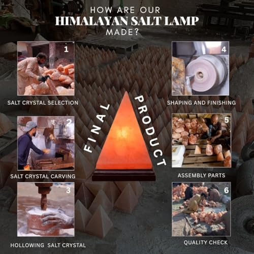 Image of NB Himalayan Pink Salt Pyramid Lamp - Hand-Carved Crystal Rock Salt Lamp with Dimmer Switch & 2 Bulbs - Natural Wellness Light from Pakistan - Amber Glow for Home, Office & Meditation Space