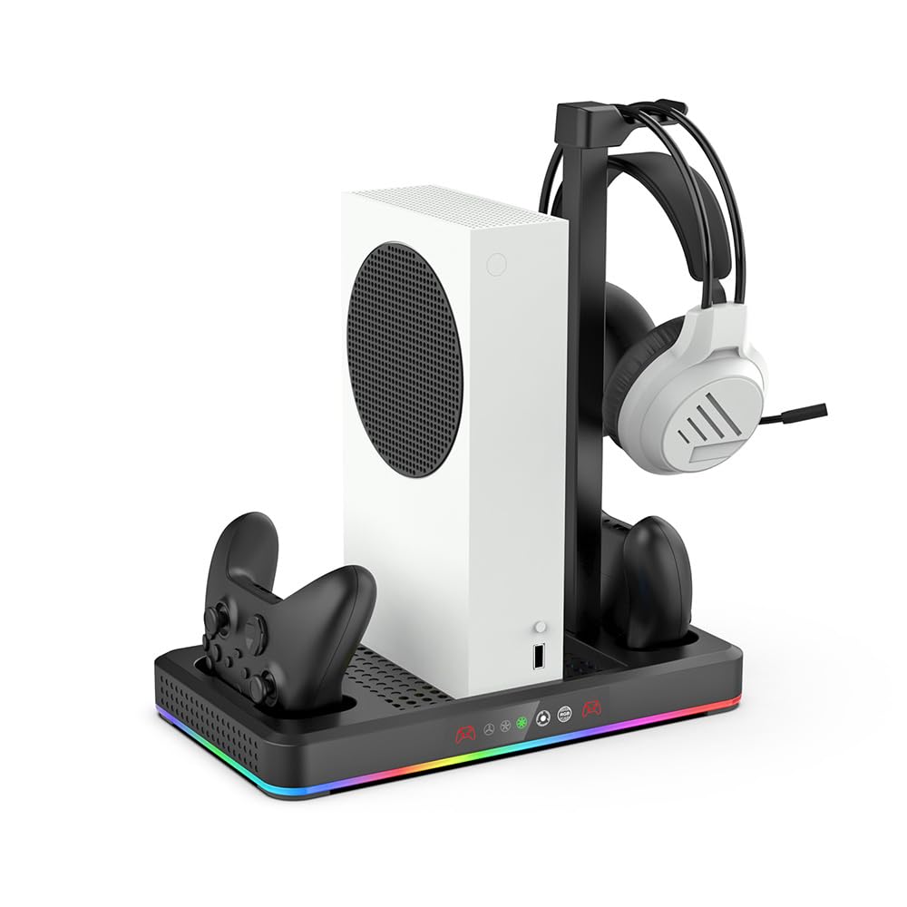 Ventola di raffreddamento verticale automatica e doppia stazione di ricarica per Xbox Series S/Series X con illuminazione ambientale RGB, grande ventola turbo, supporto per cuffie, filtri antipolvere