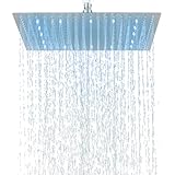 Soffione doccia a pioggia a LED, 16 pollici, in acciaio inox, con ugelli autopulenti, soffione a pioggia, quadrato, cromato (40 cm)