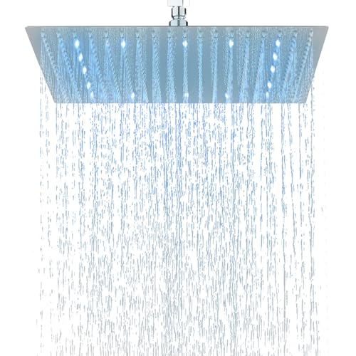 Pommeau de douche LED à effet pluie, 40 cm, en acier inoxydable, avec buses autonettoyantes, carré, chromé, 40 cm