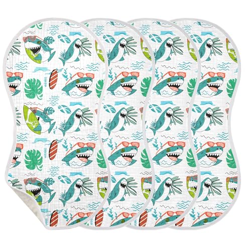 xigua Playful Sharks Muslin Baby Burp Cloths Set of 1, Super Soft & Absorbent Burping Rags, Cotton Burp Clothes Shower Gift for Newborn, Baby Girls and Boys3