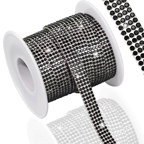 Dowarm Self Adhesive Rhinestone Ribbon, 5 Yards Bedazzling Rhinestone Strips for Crafts Shoe Dress Bottle Bling, Fabric Car Interior Embellishments Decoration (Black, 4 Rows/0.35inch)