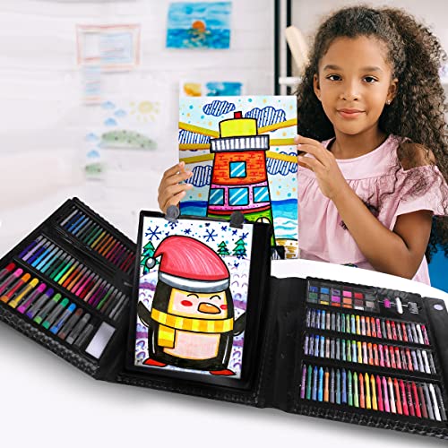 Art Supplies 208 Pcs With Sided Trifold Easel,Including Colour Cakes,Colored Pencils,Oil Pastels,Marker Pens And Crayons Art Kits For Beginners，Drawing Painting Gifts Kit For Kids 5-12 (Black) #TOP3