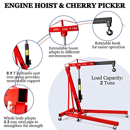 Engine Hoist, 2 Ton (4000lbs) Heavy Duty Folding Hydraulic Engine Crane Hoist Cherry Picker Shop Crane Hoist Lift for Ports, Warehouses, Garage, Factory, 360 Degree Swivel Wheels