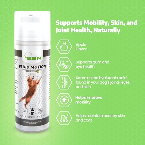 Fluid Motion - Hip & Joint Support for Dogs - Liquid Hyaluronic Acid - Joint Mobility, Skin, & Coat Supplement for Senior Dogs - Apple Flavor - Glucosamine Alternative (30-60+ Day Supply)