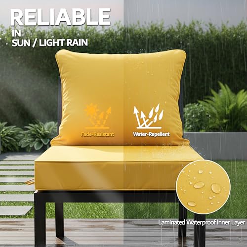 24x24 Inch Outdoor Chair Cushions Set of 2, Patio Furniture Cushions - Removable Cover, Water-Repellent, Fade-Resistant, Non-Slip Bottom & Straps, Replacement for Deep Seat Sofa & Couch - Yellow by Honorbox - Used condition - Image 3