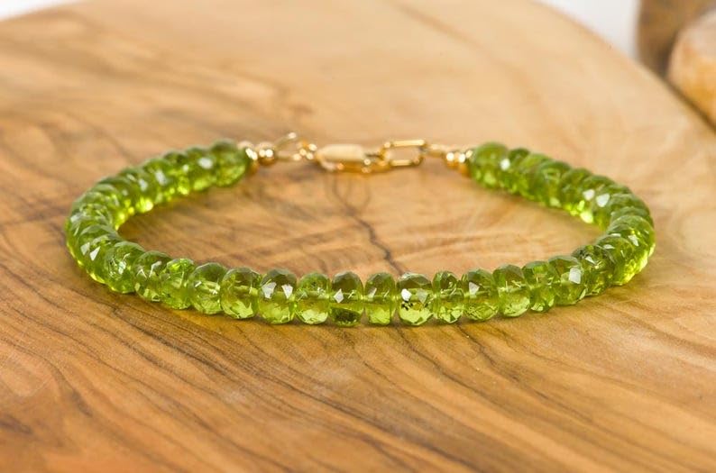 LKBEADS Peridot Bracelet rondelle faceted 7inch Sterling Silver Stacking Beaded Bracelet, Simple Layering, Dainty Gemstone Bracelet, Fine Jewelry, Minimalist,