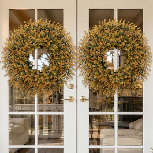26" Artificial Fall Boxwood Wreath for Front Door Decoration-Orange by Chiyinbao - Used condition - Image 7