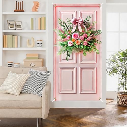 Image of Pink Rose Basket Door Cover 35x71in Spring Floral Bow
