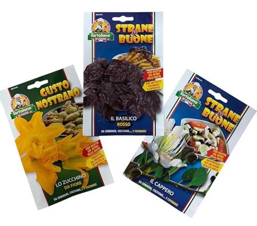 L'ORTOLANO-OFFERTA- 3 BUSTE Di Semi Da Piantare-Zucchino Da Fiore, Basilico Rosso, Cappero. Sementi Selezionate e di Alta Qualità.