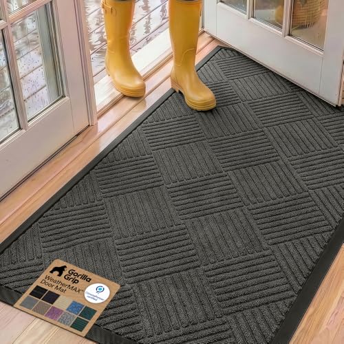 Image of GORILLA GRIP 100% Waterproof All-Season WeatherMAX Doormat, 60x24, US Designed Natural Rubber, Stain and Fade Resistant, Low Profile Indoor Outdoor Door Mats, Easy Clean Patio Mat, Gray Diamond