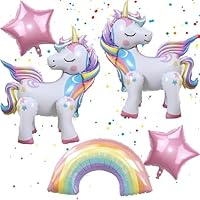 DUILE 5 Pcs Self Standing Unicorn Balloons - 3D Rainbow and Star Foil Balloons for Birthday Party Decorations and Supplies