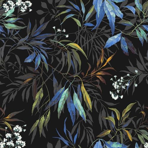 Belgravia Décor Kanata Leaf Bold Tropical Oriental Wallpaper Ideal for Feature Walls or Living Rooms, Powder Room Wallcovering in Black and Blue 2338