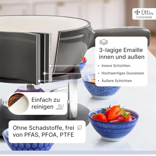 Ottia Fondue Set für 2, 3, 4, 5, 6 Personen aus Gusseisen & Emaille. Als Käsefondue, Fleischfondue, Schokofondue. Induktion geeignet, Schadstofffrei, mit Brenner+Gabeln+Rezeptbuch, Fondü-Set aus HH