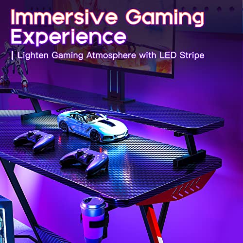 Motpk Gaming Desk L Shaped With Led Lights, L Shaped Gaming Desk With Full-Sized Monitor Shelf, Corner Gaming Desk With Carbon Fiber Texture, Gamer Desk Gaming Table, Gift For Men & Teen Boys #TOP4