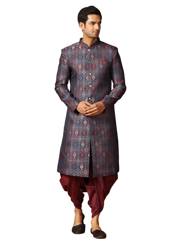 kisah Men's Sherwani Dhoti Set, Indo-Western Multi Jacquard, Woven Design Regular Fit Mandarin Collar Long Sleeves-picture-19