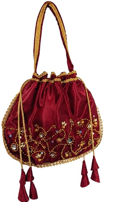 Veena creations Bridal Potli Bag, Maroon Satin with double side Gold Bead Embroidery, Drawstring Closure, Tassel Detail-image-31