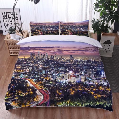 Los Angeles 3 Pieces Bedding Set Duvet Cover Downtown Los Angeles City Skyline At Night Soft and Lightweight Duvet Covers Set for All Seasons Full