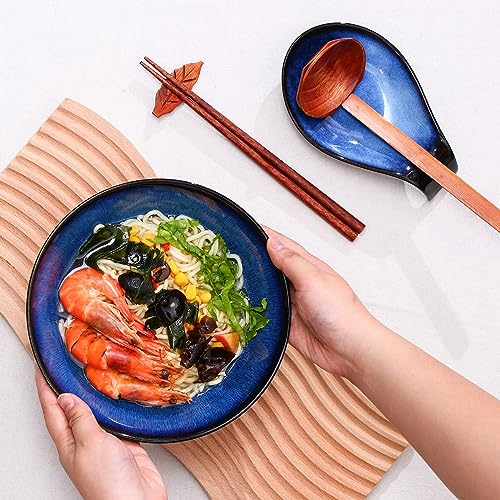 Image of NJCHARMS Ceramic Ramen Bowl Set of 2, 42 oz Japanese Noodle Soup Bowls with Spoons and Chopsticks for Ramen Soup Pho Udon Asian Noodles, Large Noodle Bowls(Blue)