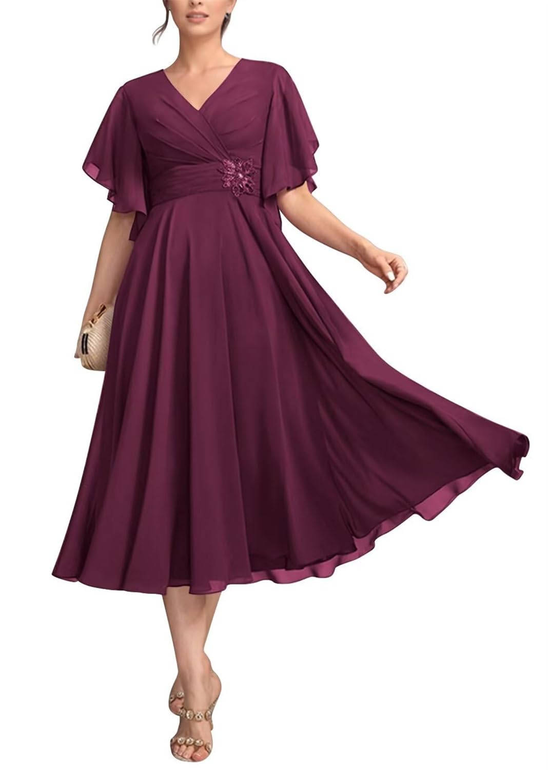 KIYNE Tea Length Mother of The Bride Dresses for Women Desert Rose Flutter Sleeve V Neck Chiffon Formal Mother of The Groom Dress UK18