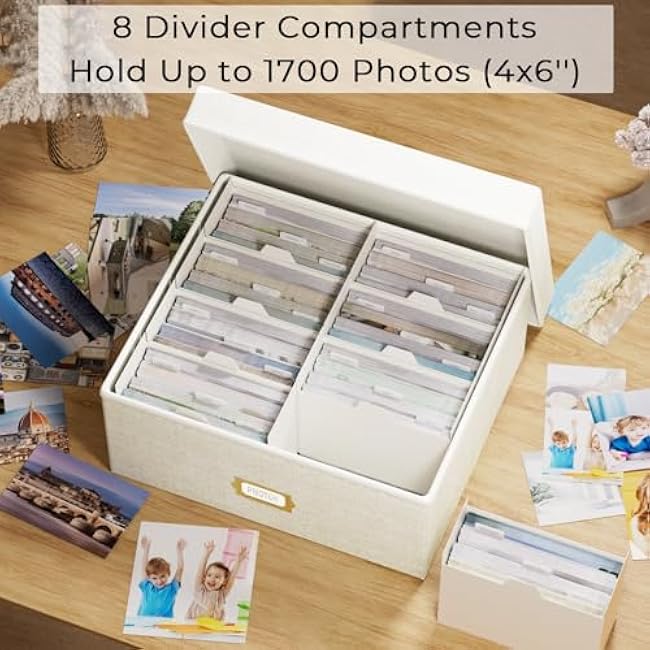 Decorative Photo Storage Box - Linen Photo Box Organizer with Dividers, Fits Holds Up to 1700 Pictures and 4x6 Photos, Memory Keepsake Organizer for Photos, Scrapbook Supplies, Cards, Stamps (Beige)