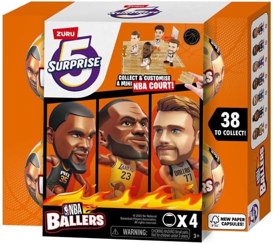 5 Surprise NBA Ballers Series 2, figuras coleccionables con licencia oficial, paquete de 4 con cancha, lanzador de pelotas, póster, baloncesto, a
