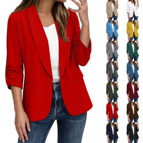 JiXiang Blazers for Women Open Front Lapel Collar Ruched 3/4 Sleeve Jackets One Button Work Office Business Casual Fall Coat - image 1