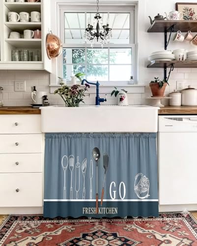 Image of Premium Printed Kitchen Sink Curtain | Washable & Dustproof Rod Pocket Counter Skirt | Perfect for Any Sink,Counter | Multicolor Cooking (Fresh Kitchen, Pack of 2)