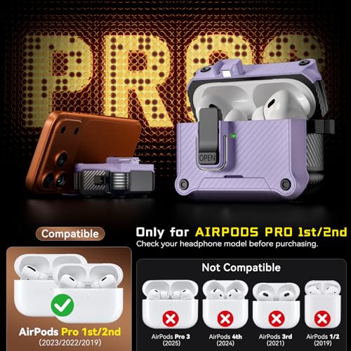 Image of Inesore for AirPods AirPods Pro 1st /2nd Case with Secure Lock (Purple) | Phone Stand Design,Compatible with MagSafe,Automatic Snap Switch Secure Cover Carbon Fiber Texture with Cleaner Kit