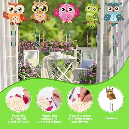 16 Stück Windspiel Bastelset Kinder, 8 Stile DIY Eulen Mit Zubehör, Basteln für Jungen Mädchen Outdoor Dekoration