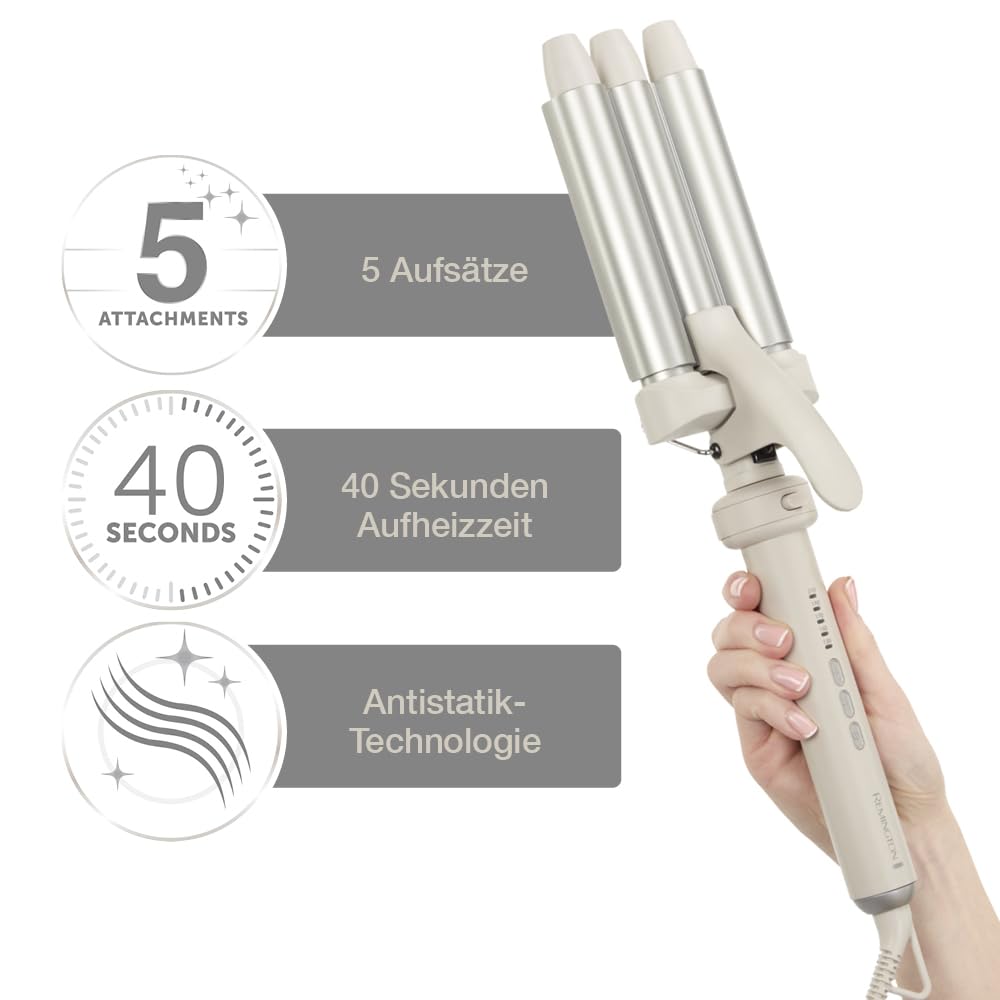 Remington Lockenstab 5in1 [Welleneisen, Rundbürste 38mm, 3 Lockenaufsätze 13-33mm] Trendology (LED display 130°C - 210°C, Beach Waves, Spirallocken & Natürliche Locken für alle Haartypen) CI41MS5
