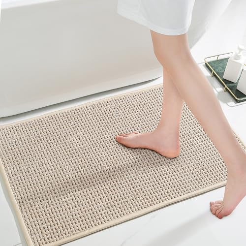 Bathroom Rug Beige Bath Mat: 17x24 Chenille Non Slip Washable Absorbent Bathmat Small Soft Thin Quick Dry Shower Carpet for Bathroom Floor Tub and Restroom