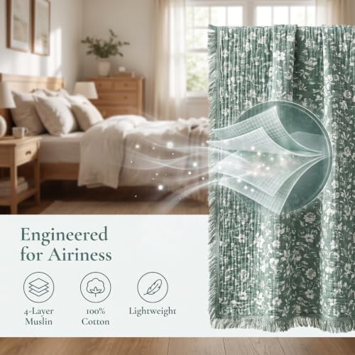Image of King 100% Cotton Muslin Blanket with Tassel All Seasons Sage Green 4-Layer | Breathable, Soft & Lightweight, Crinkle Texture, for Bed Couch Sofa, Throw, Shawl, for Hot Sleepers, Home Decor