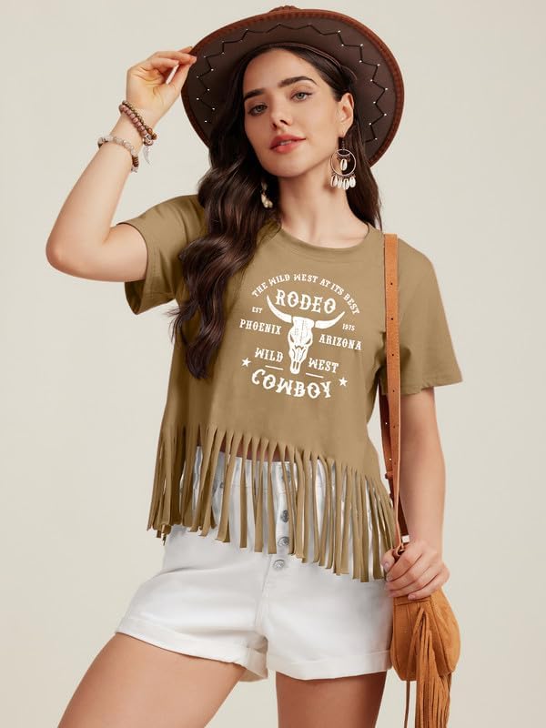 Women Graphic Tees Western Shirts Vintage Cowgirl Fringe Shirt Country Concert Tops Short Sleeve - Image 2