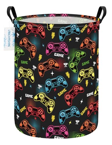 Image of Round Laundry Basket Collapsible Storage Hamper Organizer Game | Waterproof Canvas Foldable Baskets with sturdy Handles Multi-scene Organizer for Home Play Bedroom Gift Bin