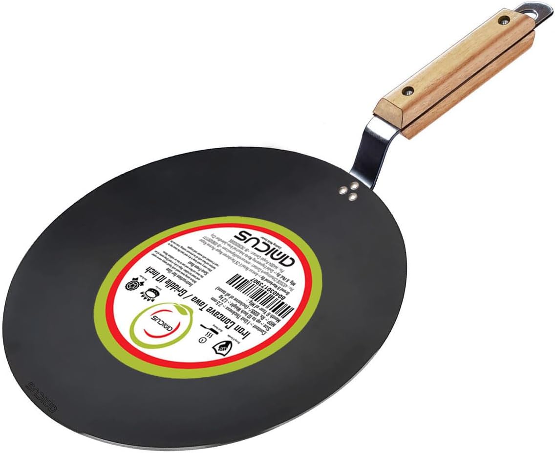 amicus Kitchen Premium Iron Tawa for Roti Chapati, Concave Iron Tava with Wooden Handle, 10 Inch, 1.2 Kg, Black