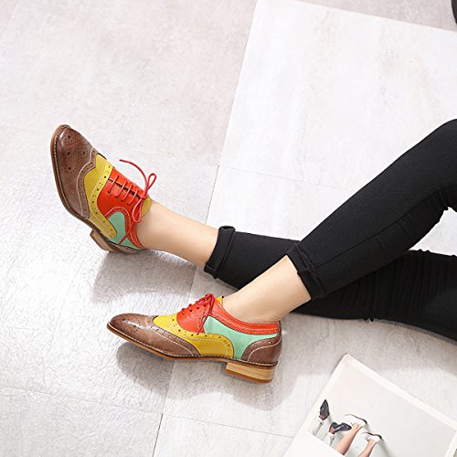 Mona Flying Women's Leather Perforated Lace-Up Brogue Wingtip Derby Saddle Oxfords Shoes For Women Ladis Girls #TOP4