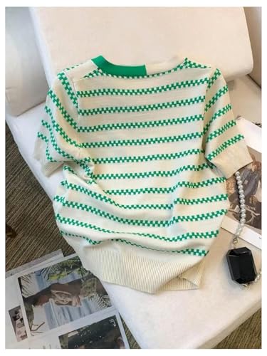 WDIRARA Women's Striped Short Sleeve Sweater Bow Tie Neck Color Block Tee Knit Pullover Tops2