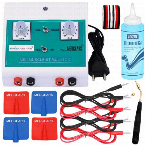 Physiogears Mini MS Two Channel Muscle Stimulator Machine Galvanic with Faradic Stimulation Physiotherapy with One Year Warranty (Electro Pads)