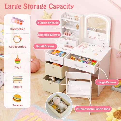 Image of HONEY JOY Kids Vanity, Little Girls Vanity Set with Mirror and Stool and Lights, Wooden Princess Makeup Dressing Table, Storage Box & Shelf, Pretend Play Kids Vanity Table and Chair Set(White)