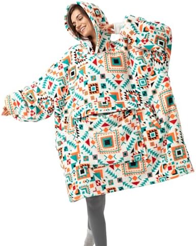 UNIQUEBELLA Wearable Blanket Hoodie with Boho Style, Extra Thick Oversized Flannel Sweatshirt Blanket with Giant Hood Pocket